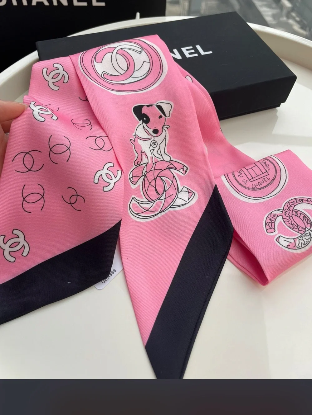 Double C Designer Pink Black Letter Logo Dog Twilly Silk Scarf